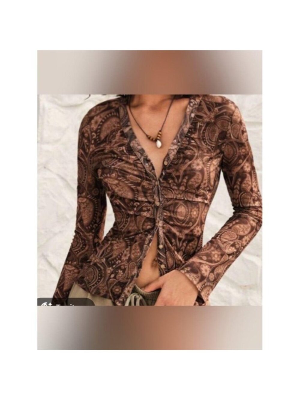 Boho Brown Paisley Long Sleeve Button down blouse size XL
